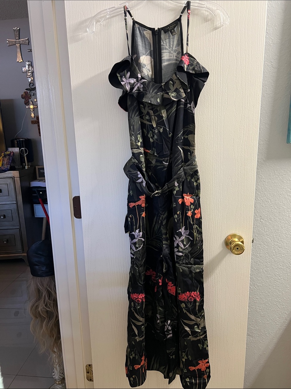 Ted Baker Black Floral Ruffle-Strap Jumpsuit